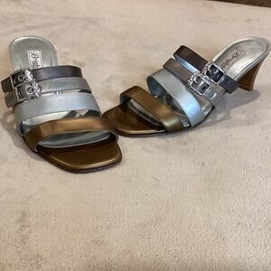Brighton "Tina" Metallic Strappy Leather Sandals, embellished buckles - Size 6.5